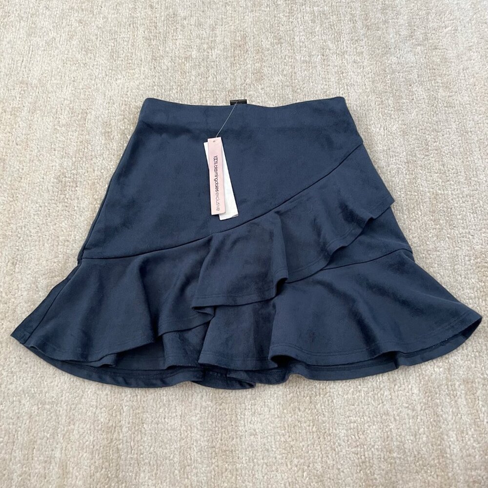 NWT Aqua Vegan Suede Ruffle Blue Mini Skirt XS